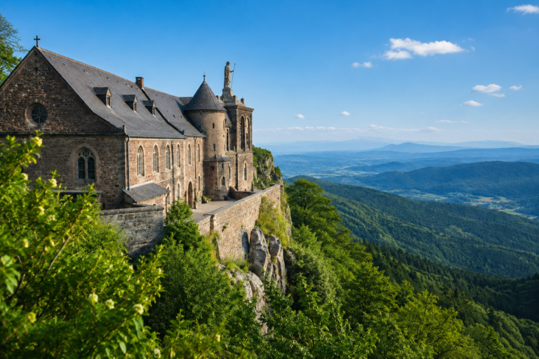 Vue du Mont Sainte-Odile en Alsace sous un ciel bleu et un soleil de journée, avec l'abbaye dominant les montagnes des Vosges.